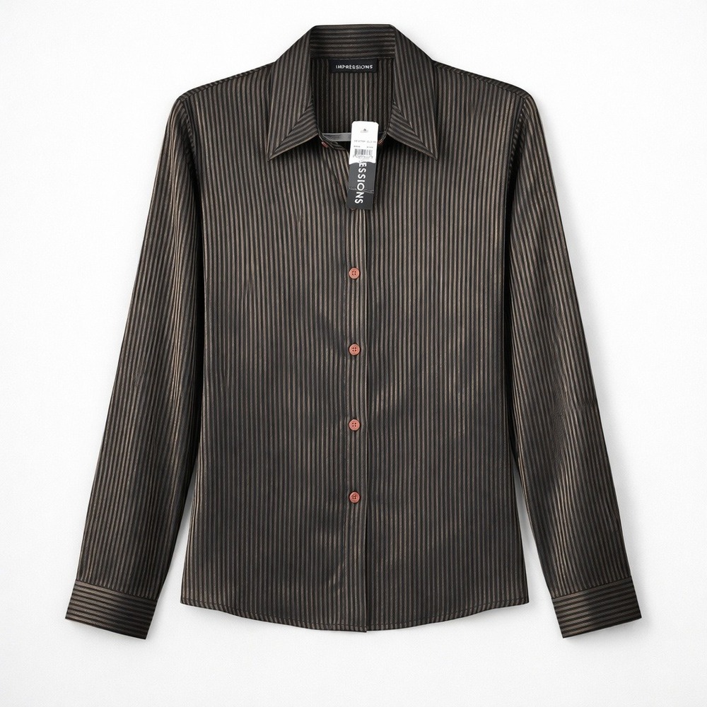 Vtg Gold Black Striped Button Down Long Sleeve Shirt L Metallic Y2K Indie Sleaze